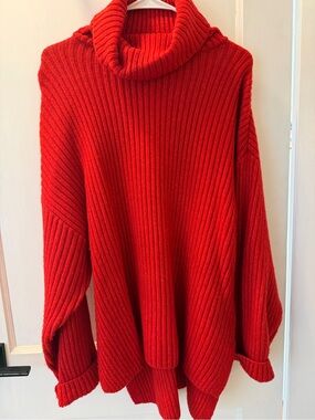 H&M Red Ribbed Tunic Turtleneck Sweater for Women